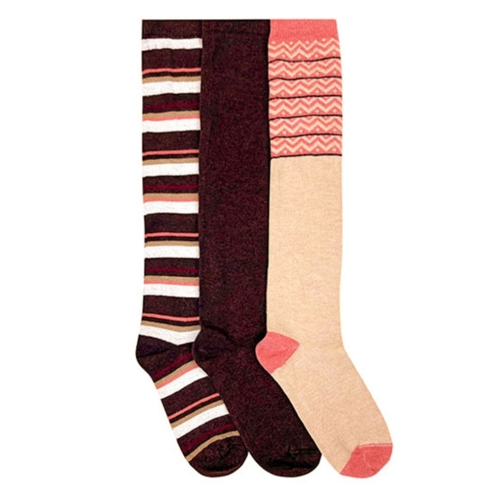 HUE Women's Knee Socks 3 pack, brown/multi, OS, NWT